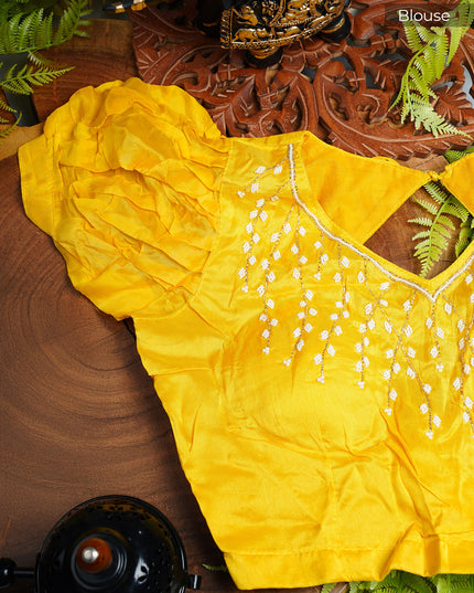 Russian Crape Allover Floral Print with Scallop Border and Pearl Work- Yellow