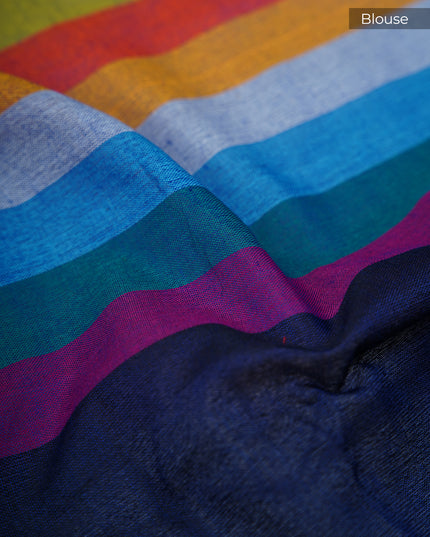 Mulcotton saree with  multicolored check pattern - Navy