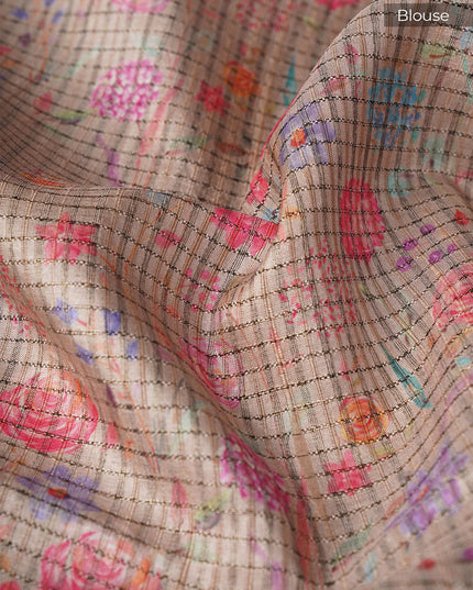 Tusser Silk Saree with Floral Print Contrast Border- Coffee Brown