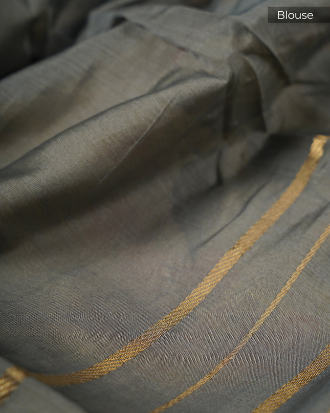 Monga Silk Digital Print Golden Zari Kaddi Border - Grey