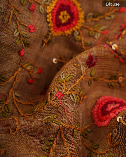 Tissue Linen Saree With Kantha Work & Contrast Border - Menthi Green