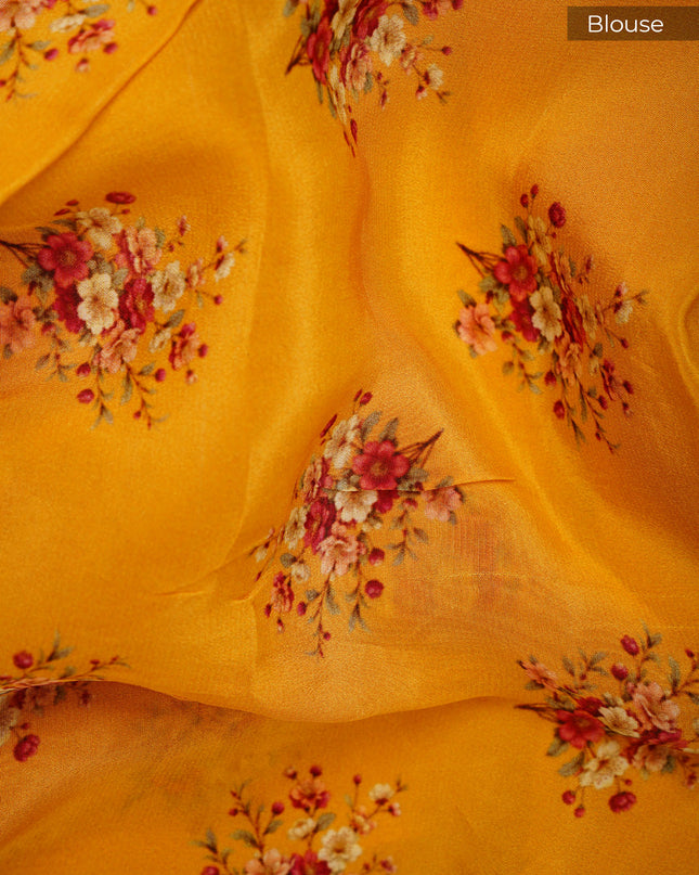 Crepe Saree With Floral Print Scallop Border Kardana Sequence Work - Yellow