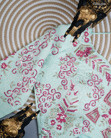 Russian crepe saree with Kardhana sequence butties and scallop border - Mint Green