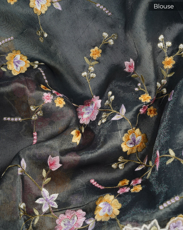 Tissue linen saree with kora thread work border - Green & Blue