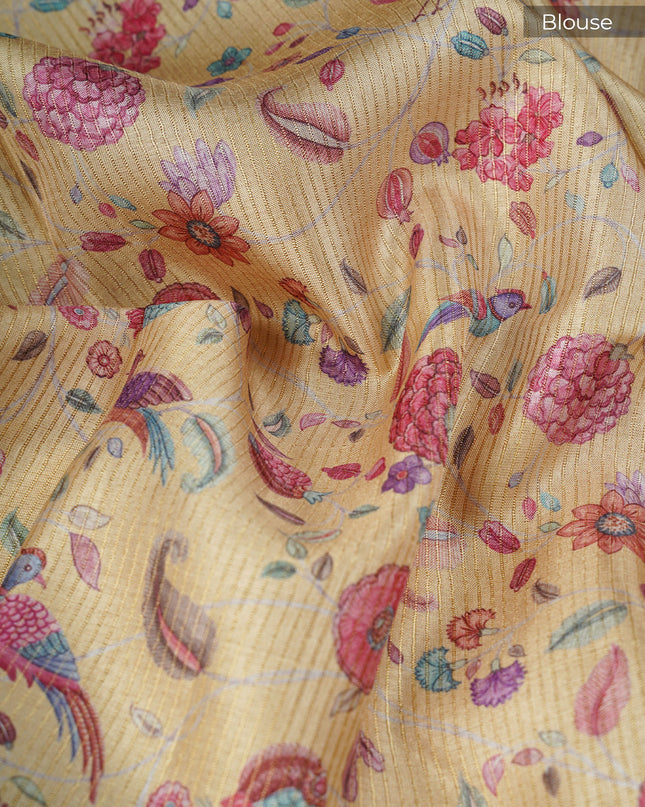 Tusser Silk Saree Floral Print with Contrast Border- Mustard