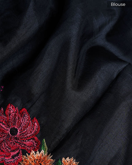 Dupion Silk Saree With Thread Work and Cut Work Border - Black