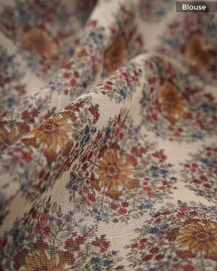 Tissue linen saree with floral Butties And Dori work With scallop border - Lemon Yellow