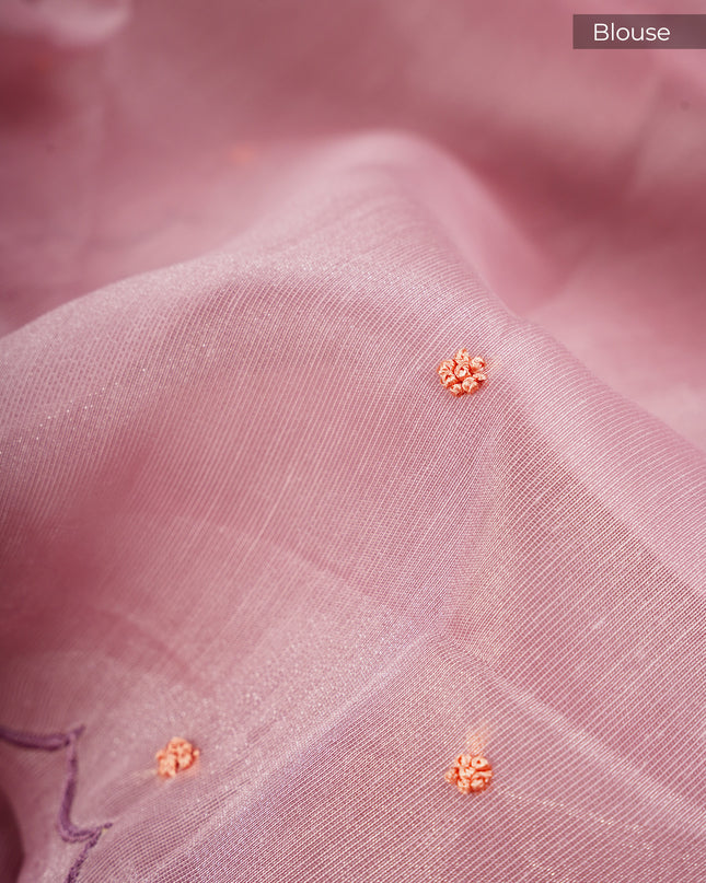 Tissue Linen Saree With Thread Knot Work Butties With Scallop Border - Light Lavender