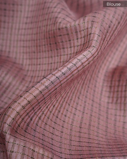 Tusser Weaving Checks Floral Print with Golden Border - Sage Green