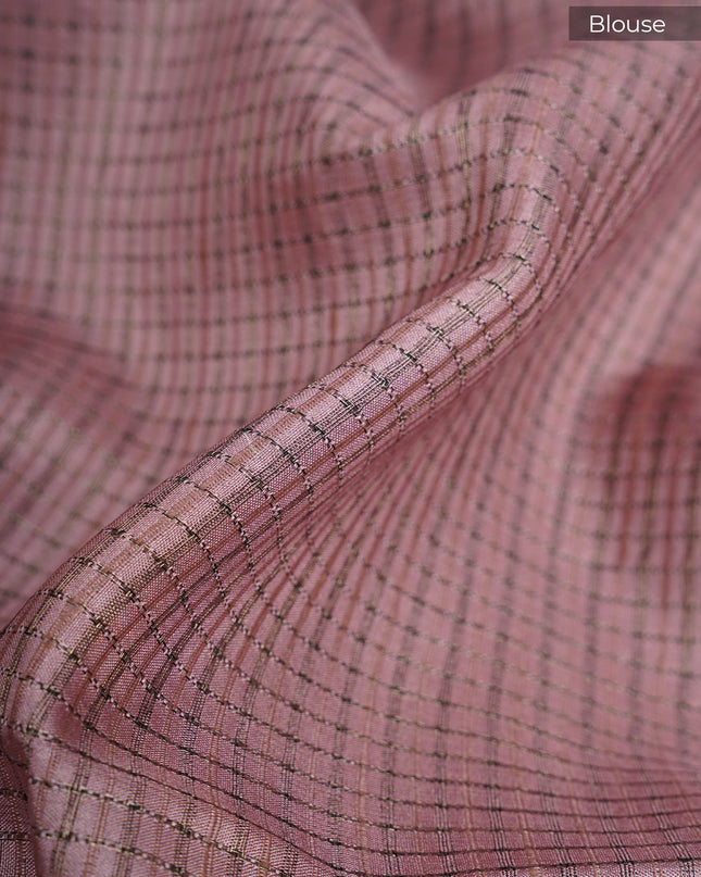 Tusser Weaving Checks Floral Print with Golden Border - Sage Green