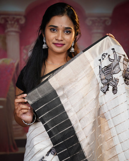 Munga Silk Saree With Digital Print Golden Zari Border - White