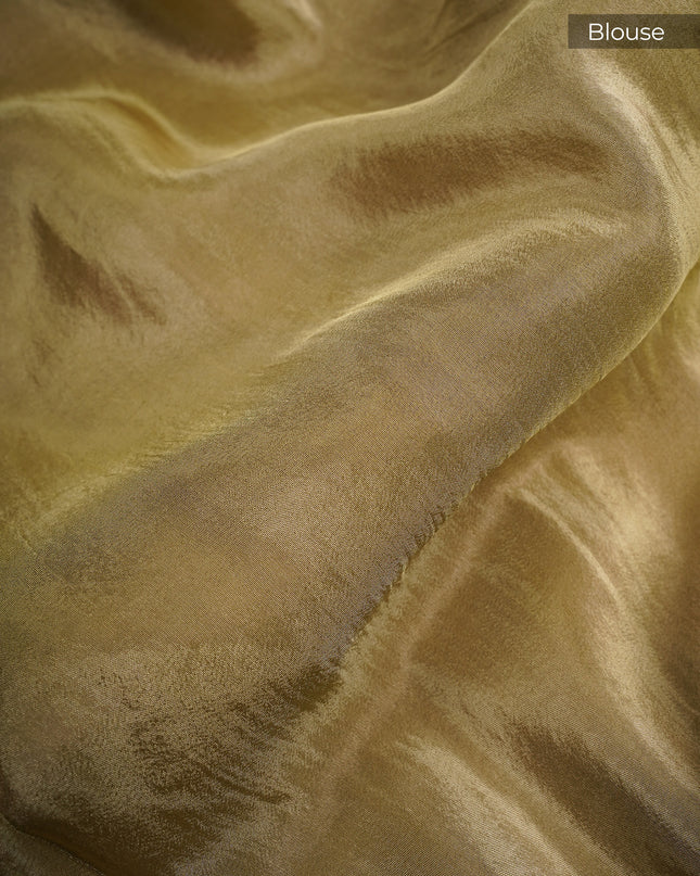 Tissue Banarasi Silk with All Over Self Weaving with Light Gold Zari Border - Green