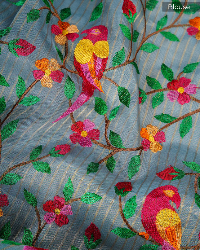 Soft organza saree with embroidered parrot motifs - Blue
