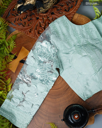 Italian Crape With Kardhana Hand Work Lace Border - Mint Green