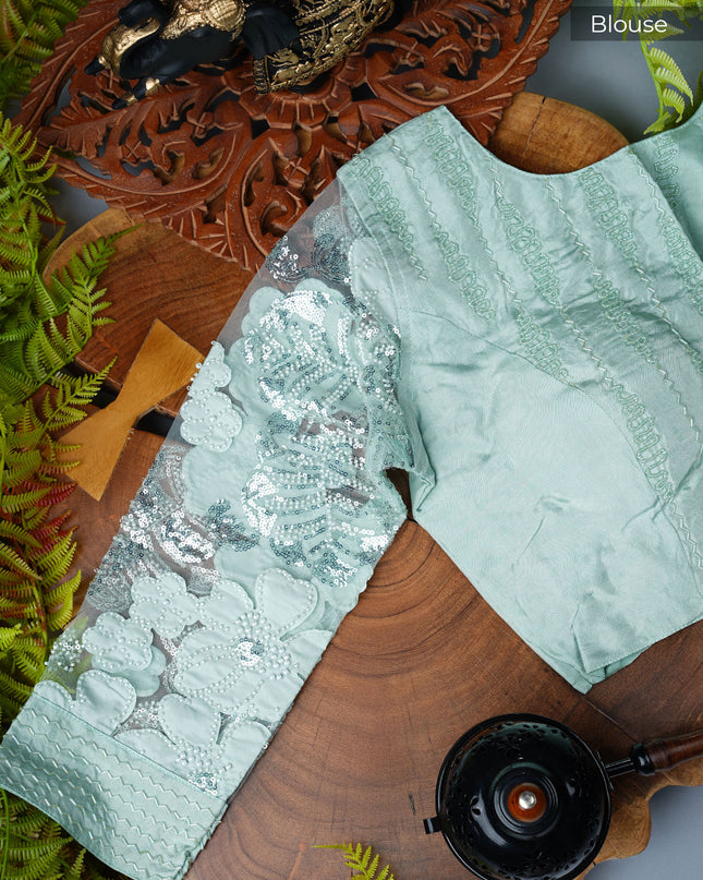 Italian Crape With Kardhana Hand Work Lace Border - Mint Green