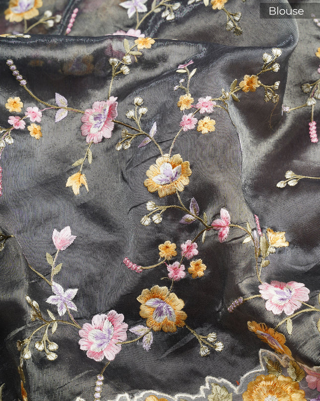 Tissue linen saree with Embroidery work scallop border - Green & Peach