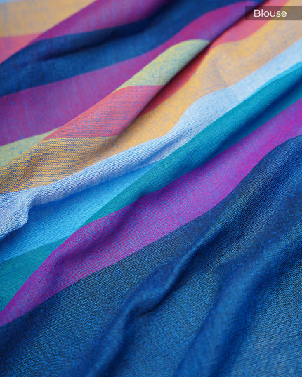 mulcotton saree with multicolored check pattern - Blue
