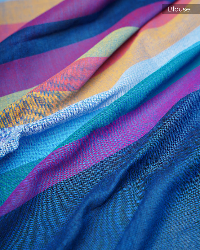 mulcotton saree with multicolored check pattern - Blue