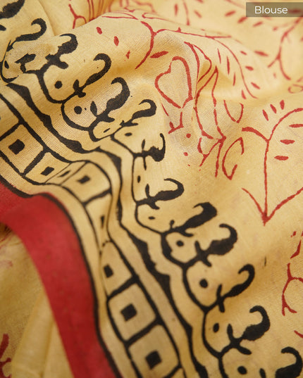 Mul Cotton Saree with  Block Printed and conratst border - Beige