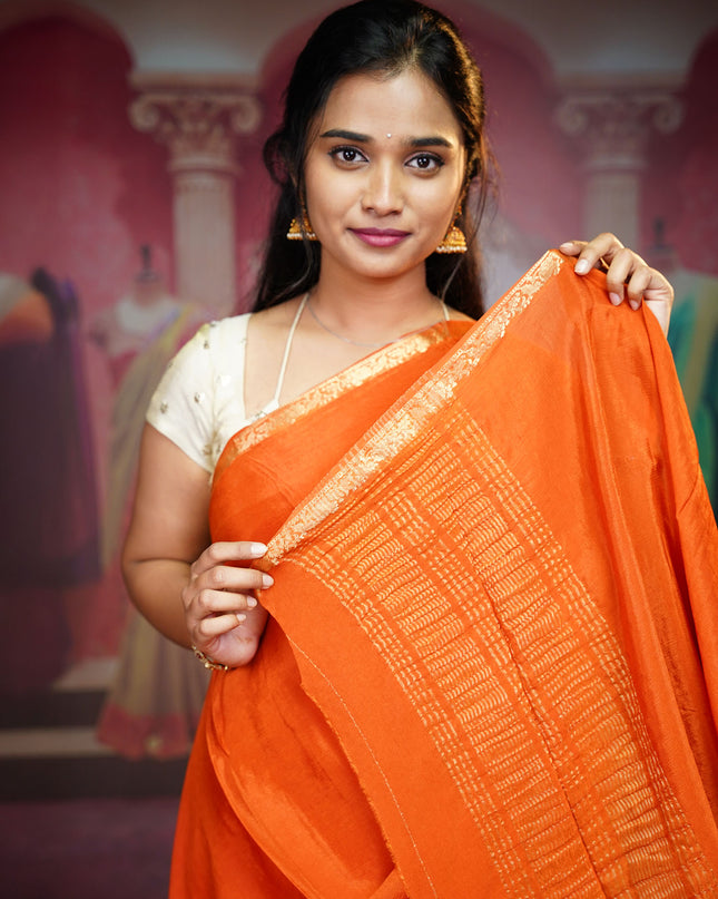 Binny Crepe Silk Saree With Golden Border - Orange