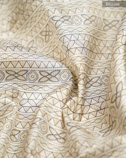 Tusser Silk Saree with Madhubani Print with gold Zari Border- Beige