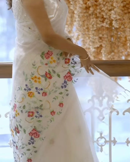 Soft chanderi silk saree with thread embroidery buttis - White