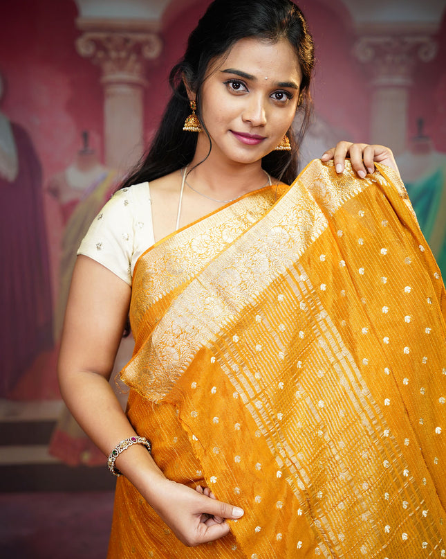 Korean Crepe Saree With Golden Buttis & Border - MUSTERED