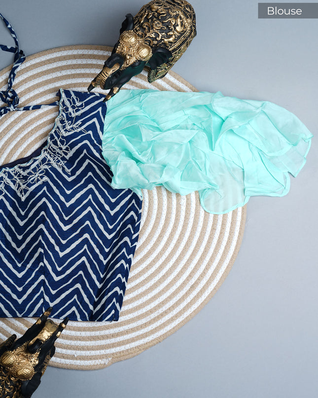 Russian silk saree with applique & Kardhana Work and scallop border - Sea Green