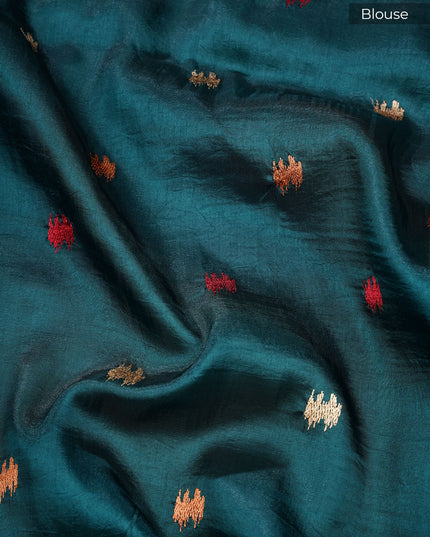 Dupion silk saree with thread butties and border - Teal Green