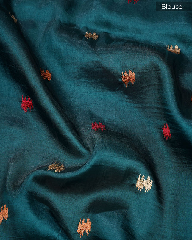 Dupion silk saree with thread butties and border - Teal Green