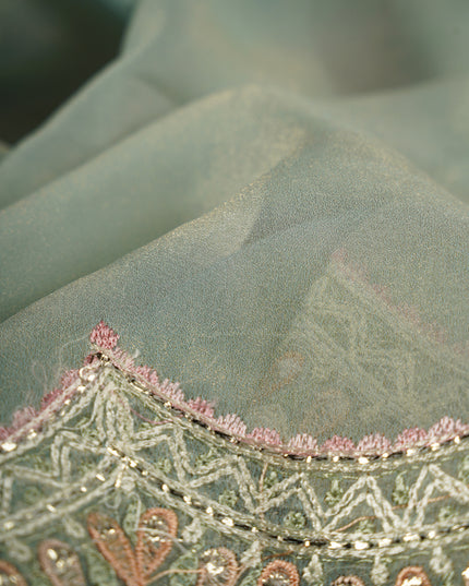 Soft Tissue Organza With Thread Embroidery Butties With Scallop Border - Sea Green