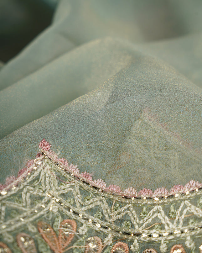Soft Tissue Organza With Thread Embroidery Butties With Scallop Border - Sea Green