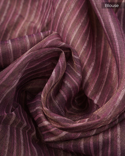 Tissue Linen Saree With Floral Print & Knot Work - Beige & Wine