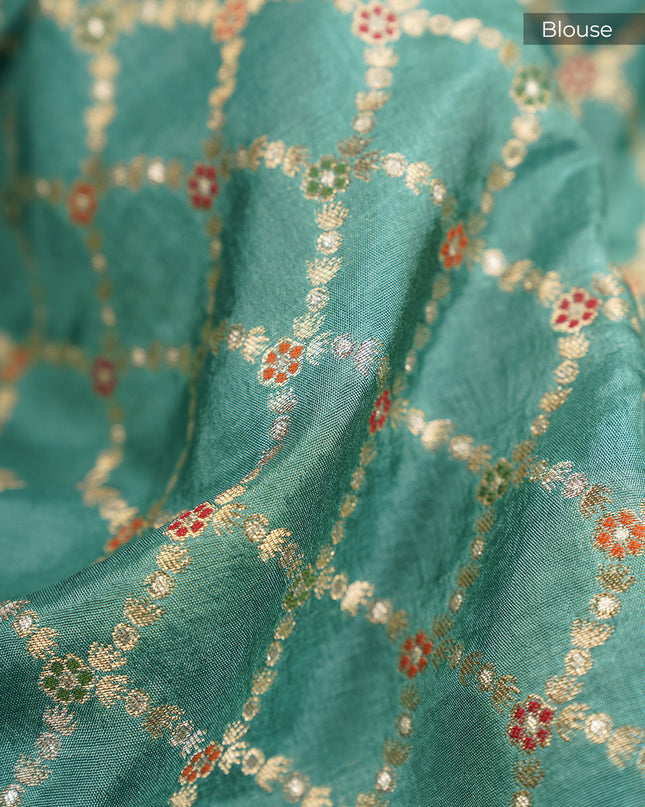 Green Silk Allover Golden Zari Weaving Checks Design with Kanchi Border