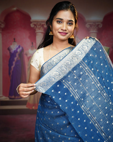 Korean Crepe Saree With Golden Buttis & Border - Teal Blue