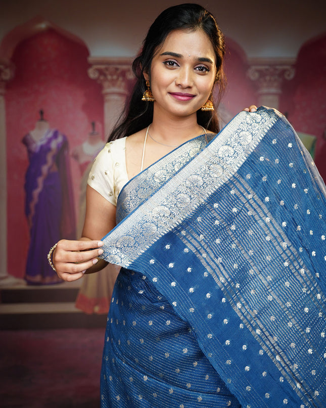 Korean Crepe Saree With Golden Buttis & Border - Teal Blue