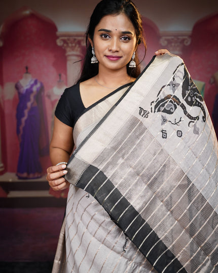 Munga Silk Saree With Digital Print Golden Zari Border - Grey