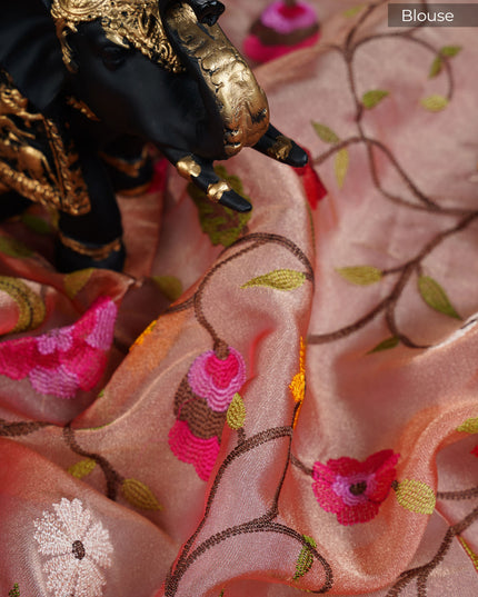 Soft tissue Organza saree with Thread work and scallop border - Peach