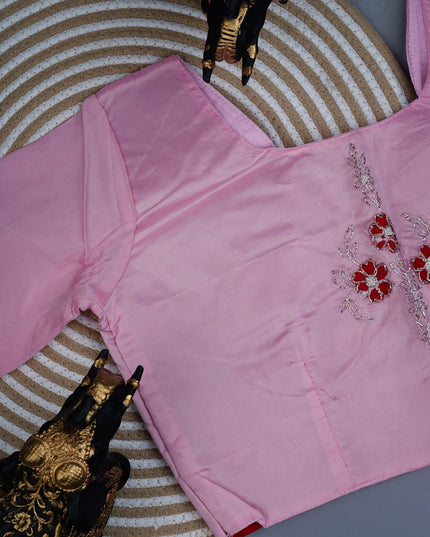 Russian silk saree with applique & Kardhana Work and scallop border - Lite Pink