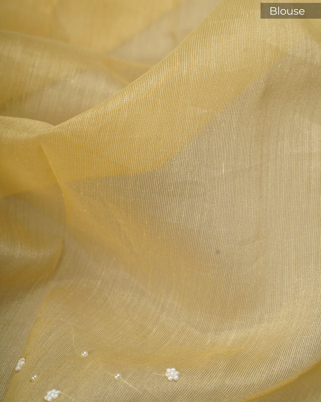 Tissue Linen Saree and Scallop Border and Peral Work -Tan