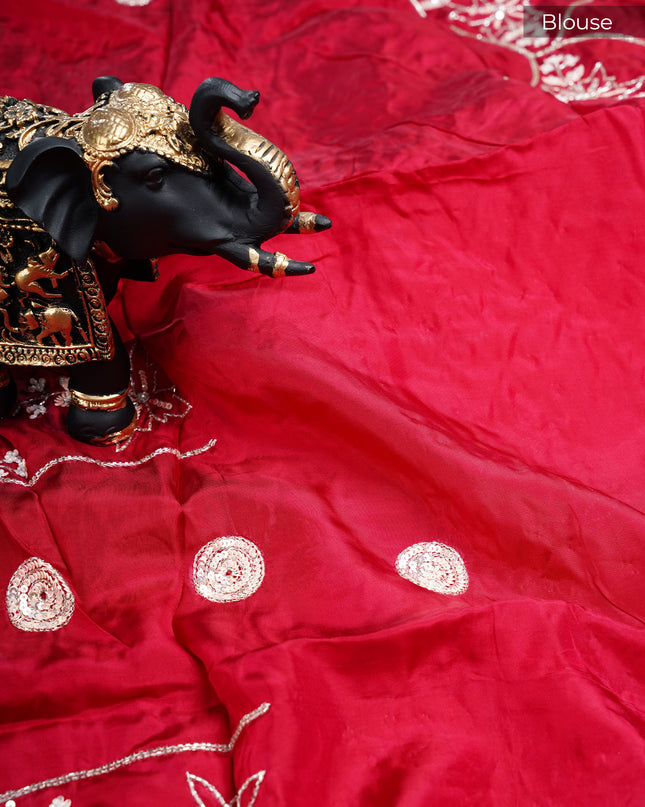 Italian Crape Saree with Floral print and Kardhana  Pearl Work with Scallop Border- Light Pink