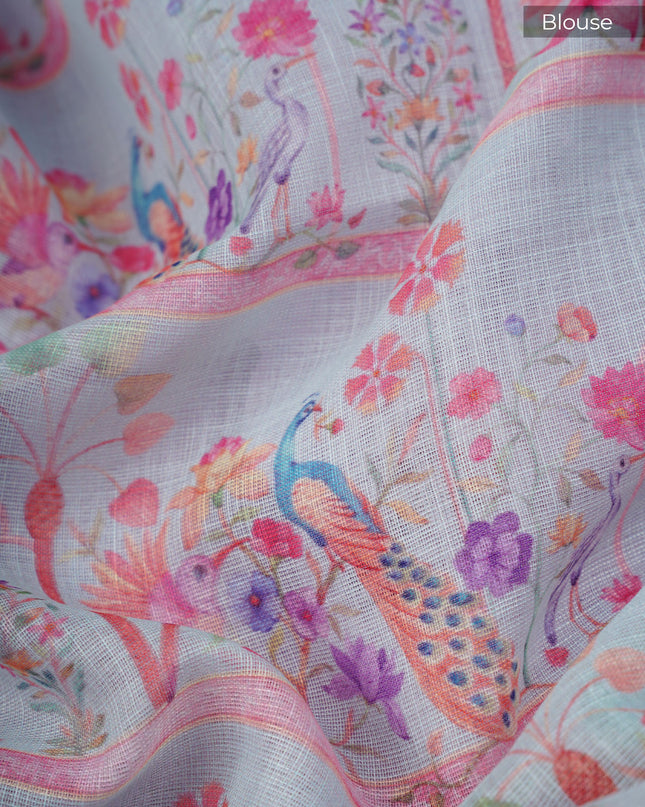 Linen Tissue Saree With Floral Print - BABY PINK