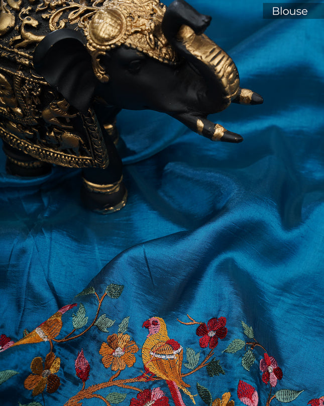 Dupion saree with  golden butties and thread work and border - Teal Blue