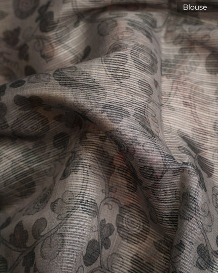 Tissue Kota Saree with Gold Butties and Contrast Floral Print Border- Sage Green