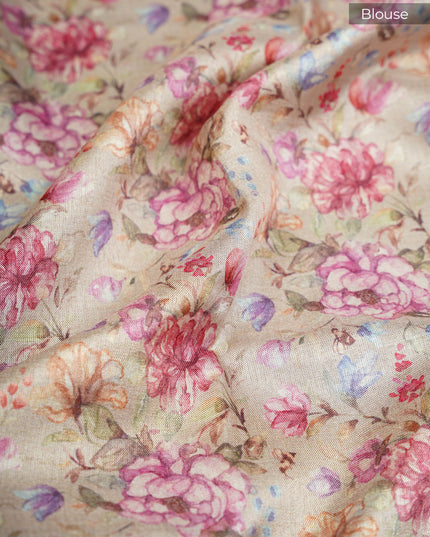 Tissue Silk Saree with Floral Print and Subtle Vertical Stripes and Small Delicate Motifs- Black