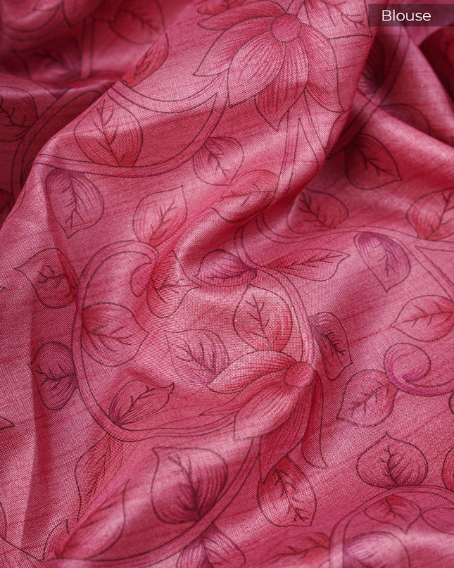 Tissue Lenin Saree with Applique Work- Onion Pink
