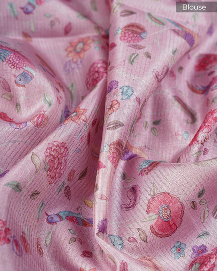 Tusser Silk Saree Floral Print with Contrast Border- Light Pink