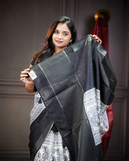 Tussar silk saree with madhubani print zari border - Black
