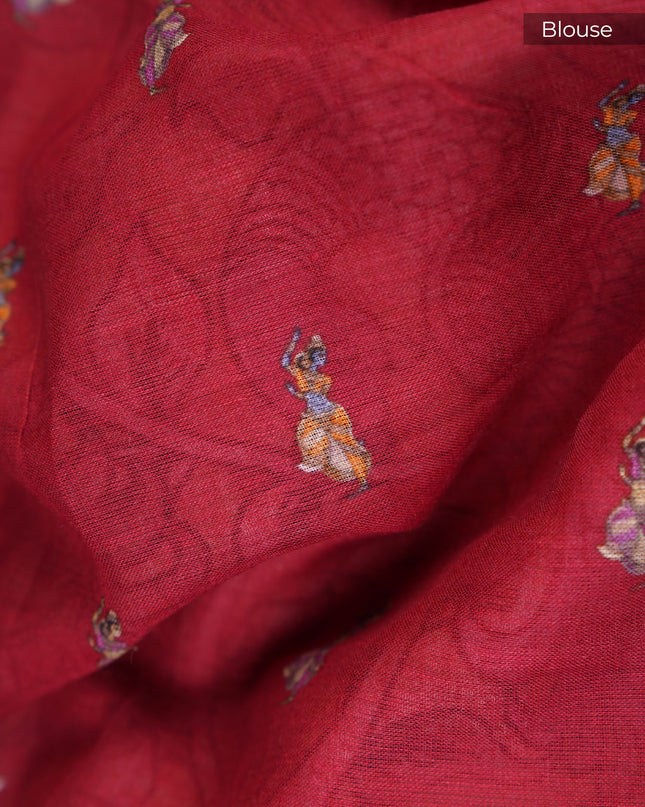Muslin Silk with Kalamkari Print Contrast Border - Mehndi