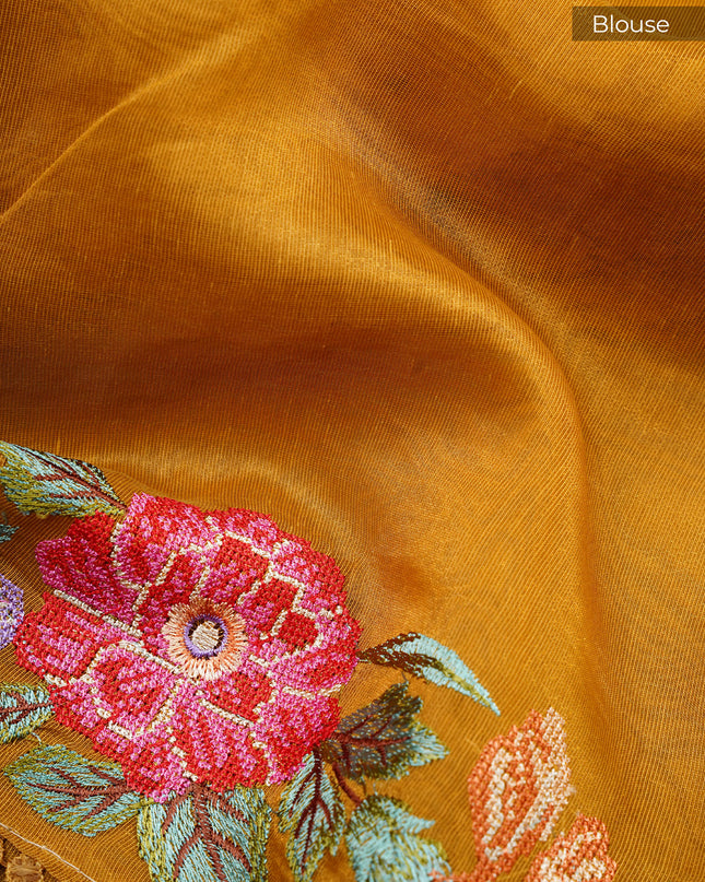 Tissue linen saree with Embroidery work and lace border - Mustered Yellow